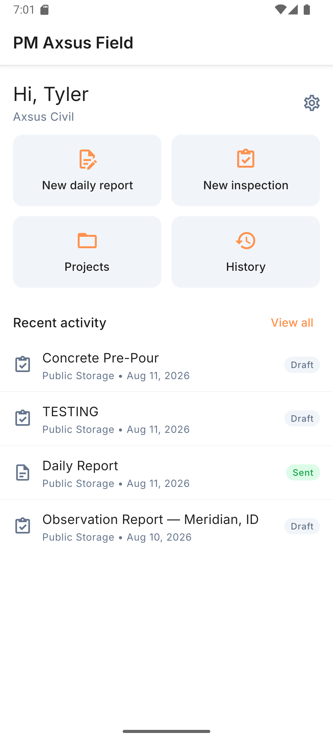 PM Axsus Field home screen with New daily report, New inspection, Projects and History buttons above a recent activity list showing draft and sent records.