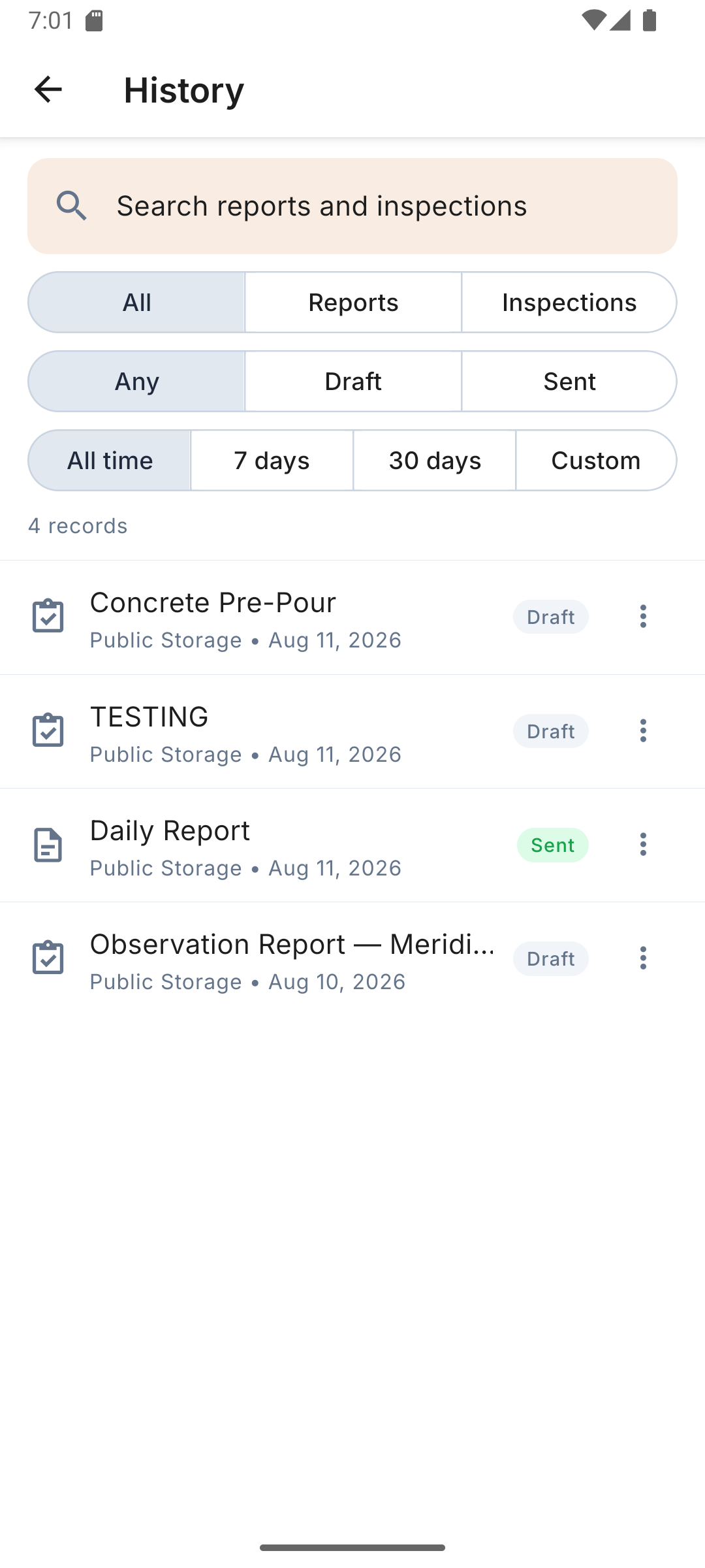 PM Axsus Field history screen with a search box and filters for all, reports or inspections, draft or sent status, and date range, listing four saved records.