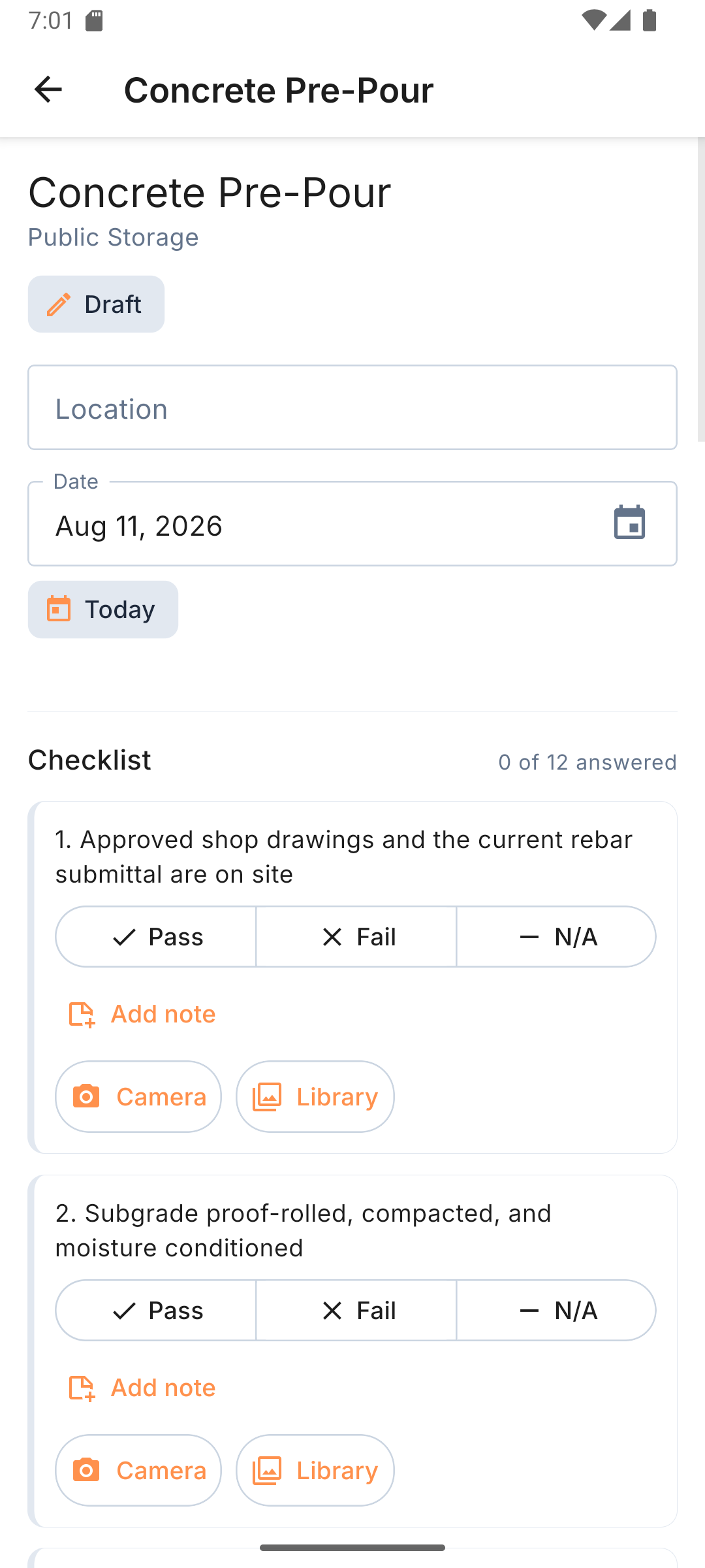 A concrete pre-pour checklist inspection in PM Axsus Field, with pass, fail and N/A buttons on each item plus add note, camera and library options.